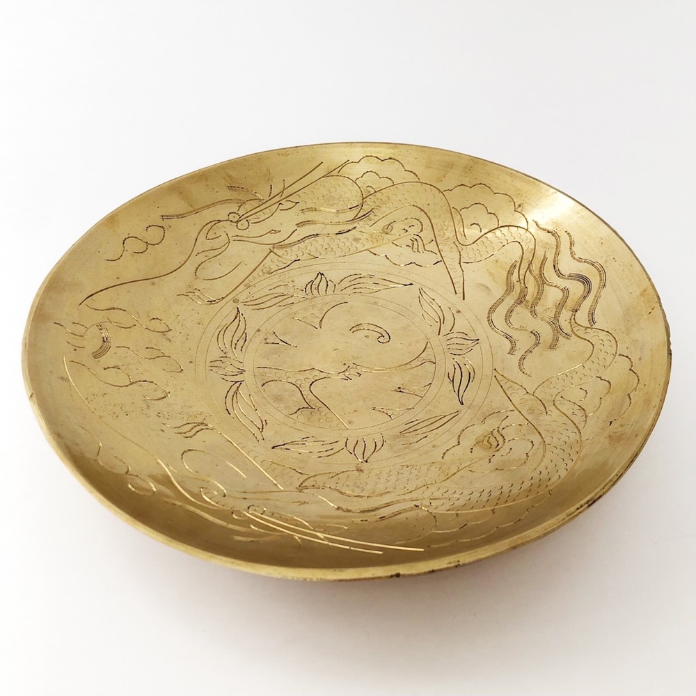 Vintage Brass Dish Hand Etched Dragon Pattern Engraved